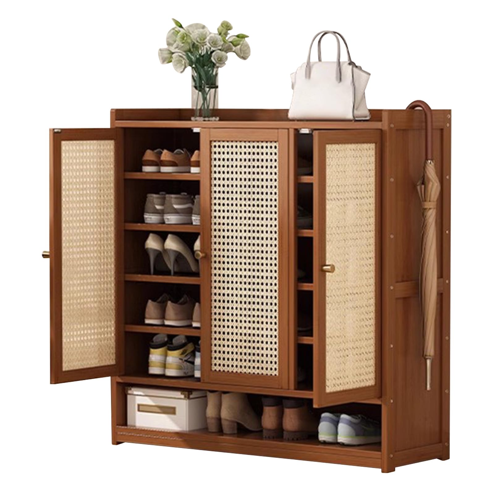 Estante de almacenamiento para zapatos de madera con puertas y ratán natural