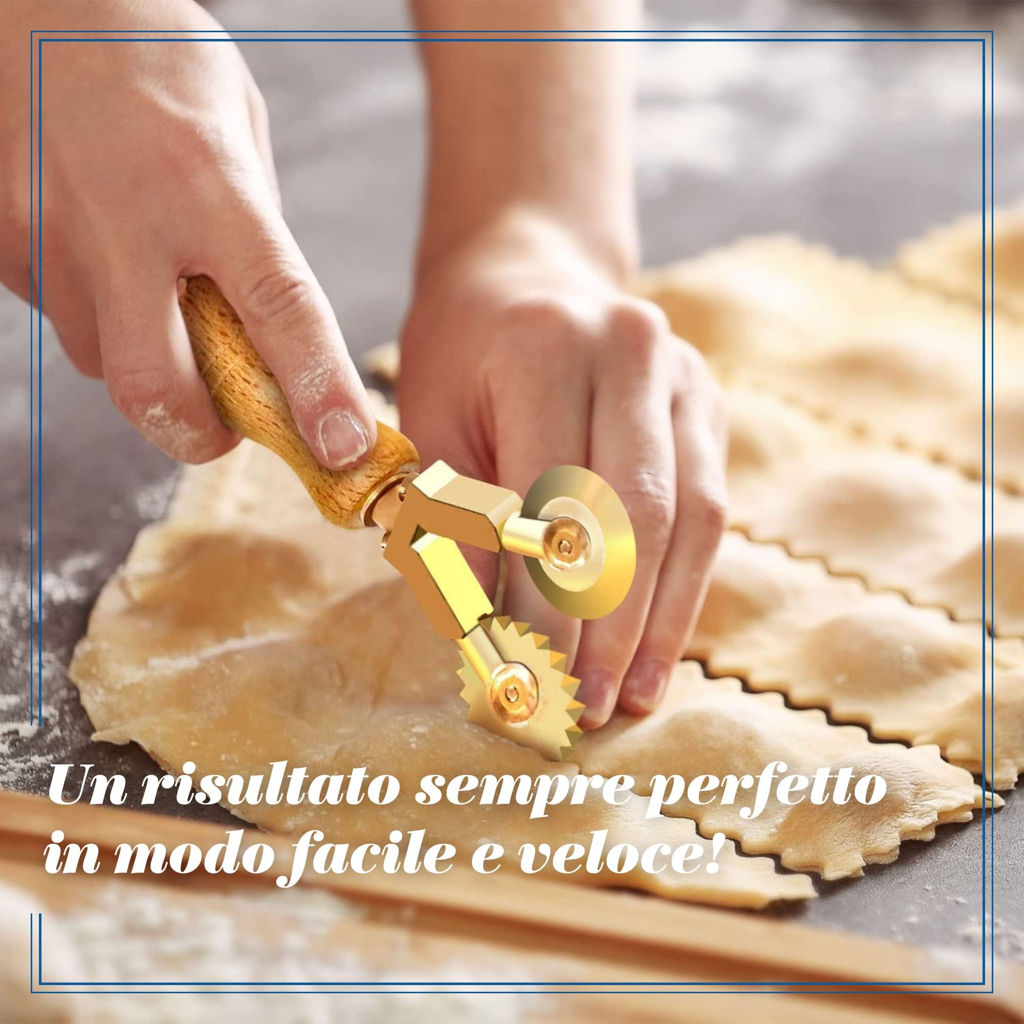 LA GONDOLA Rotella doppia tagliapasta combinata ottone - impugnatura in legno,prodotto artigianale Made in Italy