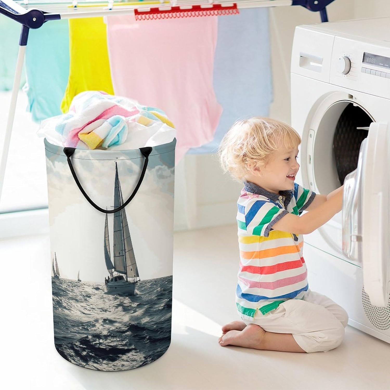 Ocean Sailing Laundry Hamper Freestanding Waterproof Clothes Hamper with Easy Carry Handles Large Collapsible Laundry Baskets Portable Dirty Clothes Basket