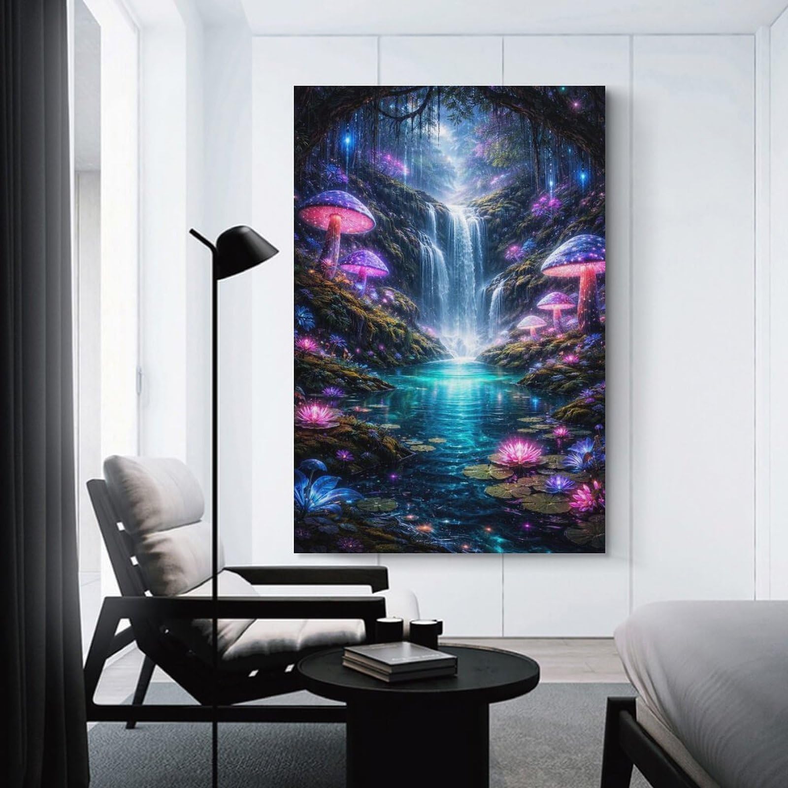 Junmoney Unframe-Style-19 Forest Waterfall With Glowing Mushrooms Wall Picture Print, 08X12inch(20X30cm), For Lounge, Study, Hallway Or Flat Walls, Canvas Wall Art That Fits Changing Layouts