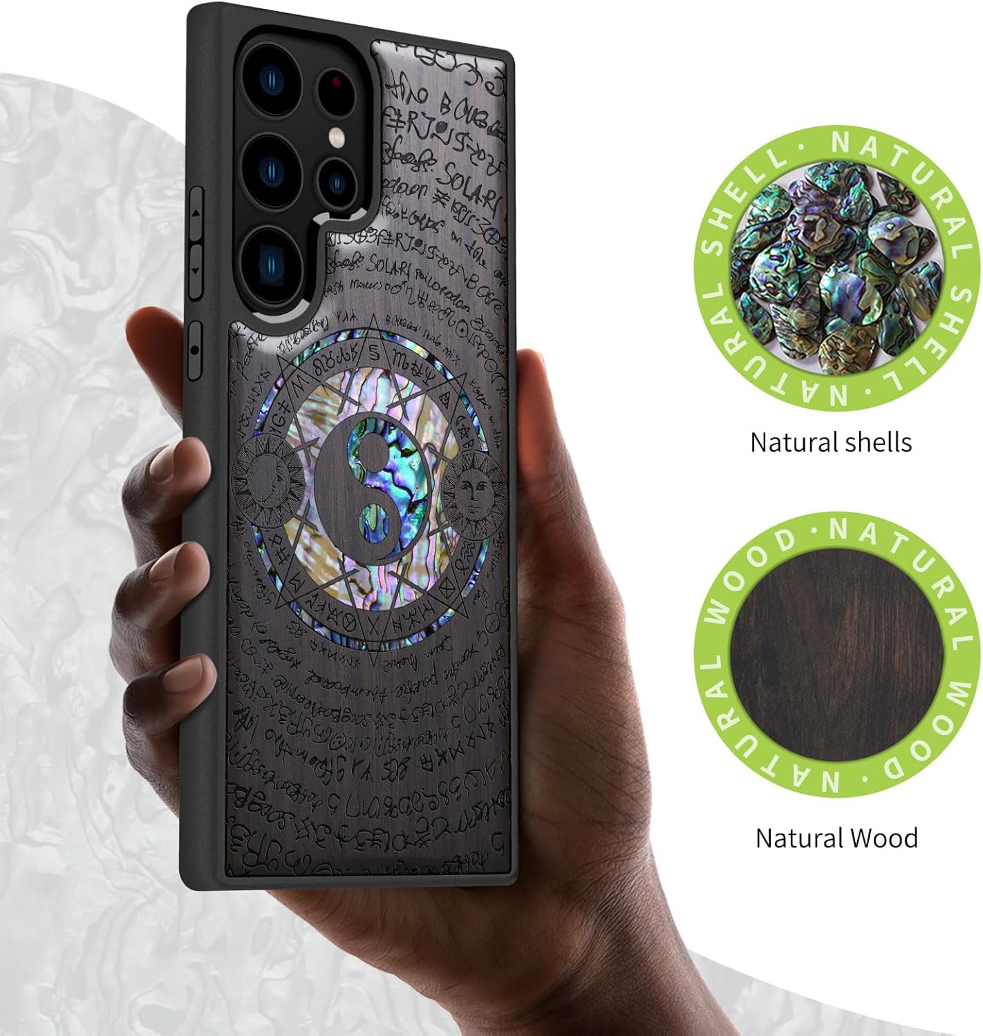 Carveit Designer Wooden Case for Samsung Galaxy S23 Ultra Cover [Wood Engraving & Shell Inlay] Compatible with Wireless Chargers S23 Ultra Case (Yin Yang and Star-Blackwood)