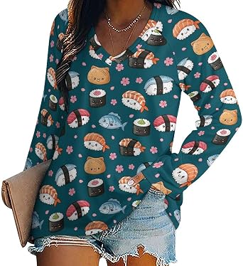 AMRANDOM Womens Casual V-Neck Long Sleeve Top, Lightweight Loose T-Shirt for Fall