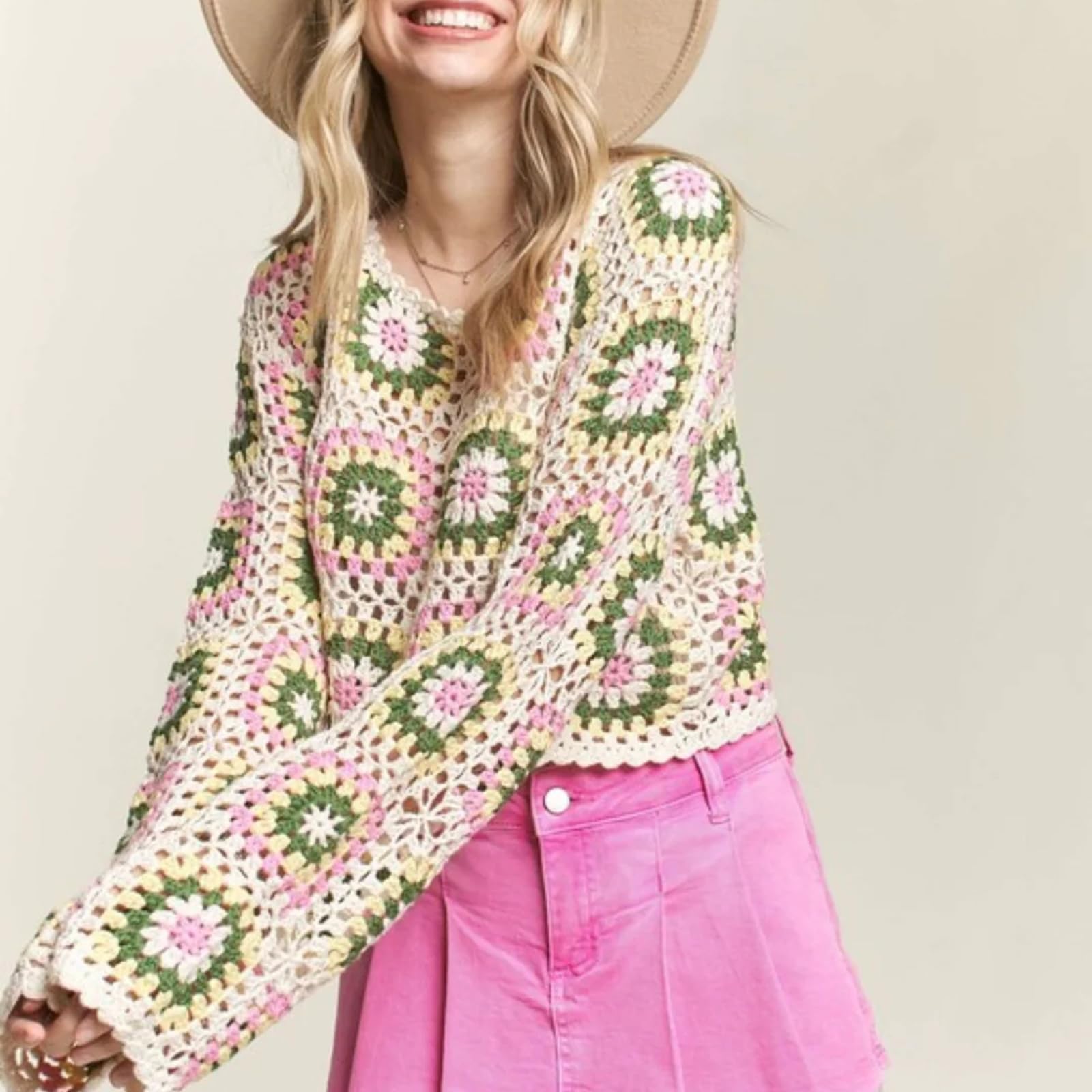 Femmes Floral Crochet Crop Top À Manches Longues Évider Col Rond Lâche Pull Tricot Tops
