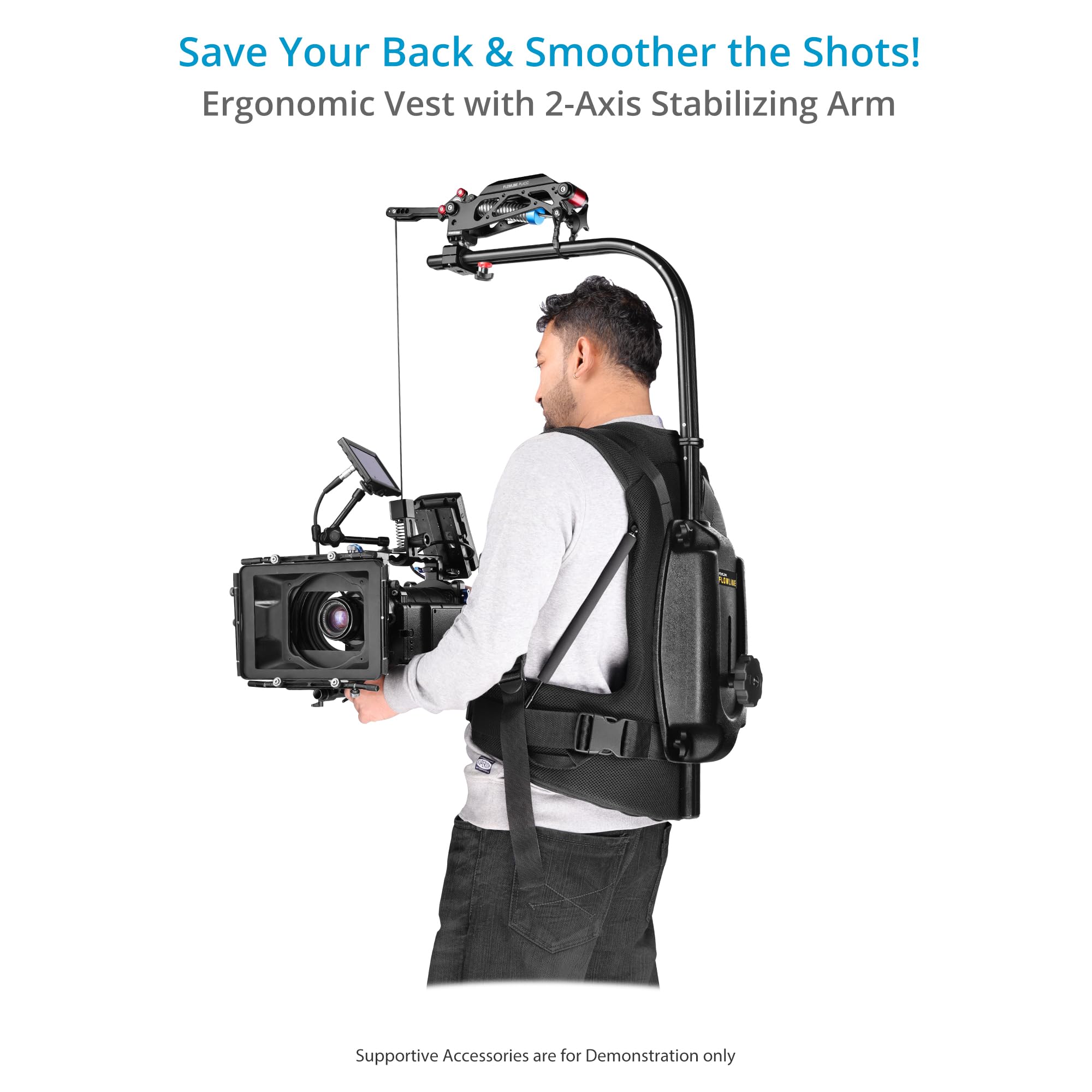 FLYCAM Flowline Chaleco Starter con Brazo 2 Ejes Placid 5-7,5 kg Kit cámara | Brazo preinstalado con dos muelles de tensión intercambiables; incluye cuerda de seguridad para uso en producción a mano