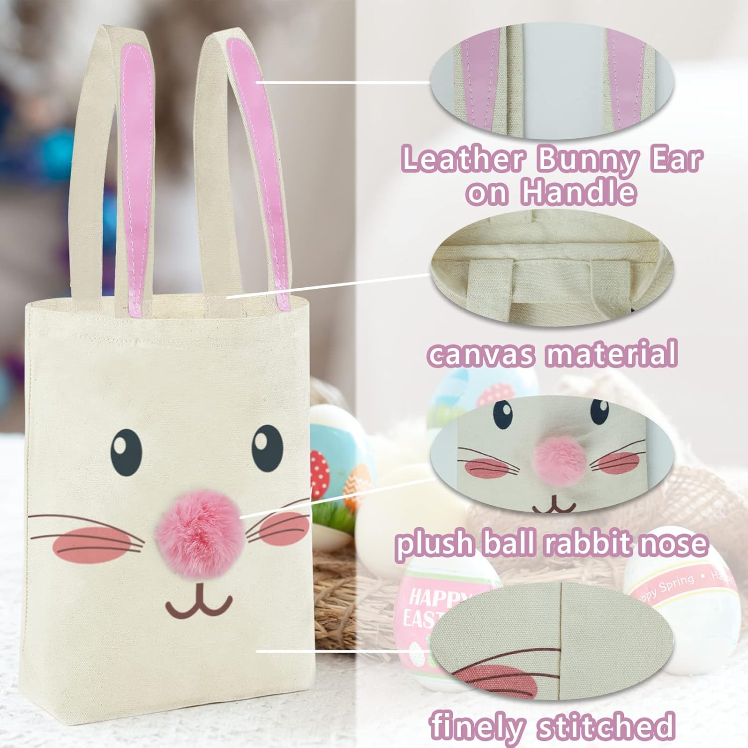ATFUNSHOP Easter Canvas Tote Bag for Kids Reusable Easter Bunny Bags Baskets for Easter Egg Hunt - Image 6
