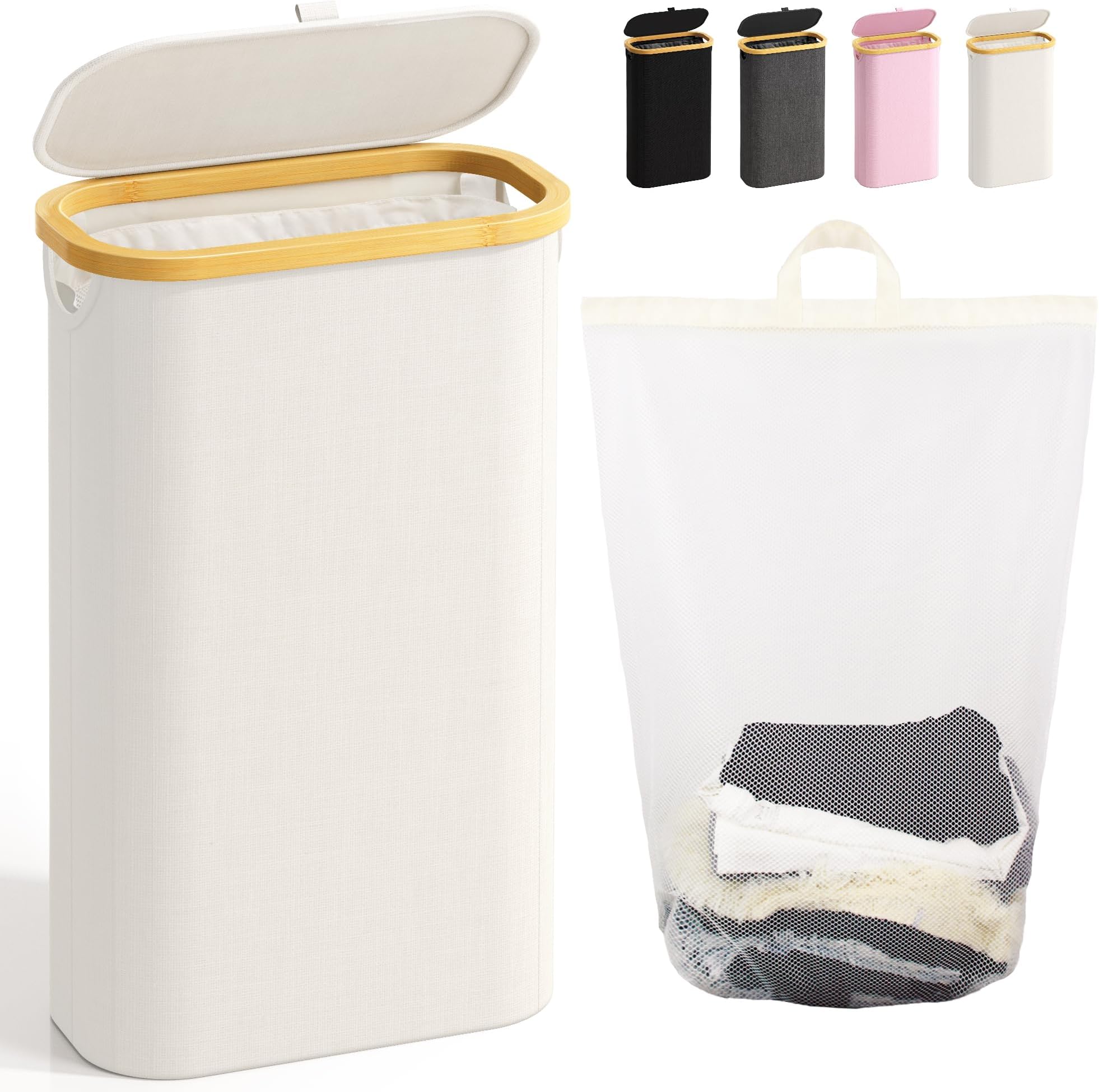 75L Slim Laundry Hamper with Lid, Dirty Clothes Hampers for Laundry, Collapsible Laundry Baskets for Small Spaces, Bedroom, Bathroom, Laundry Room, Beige