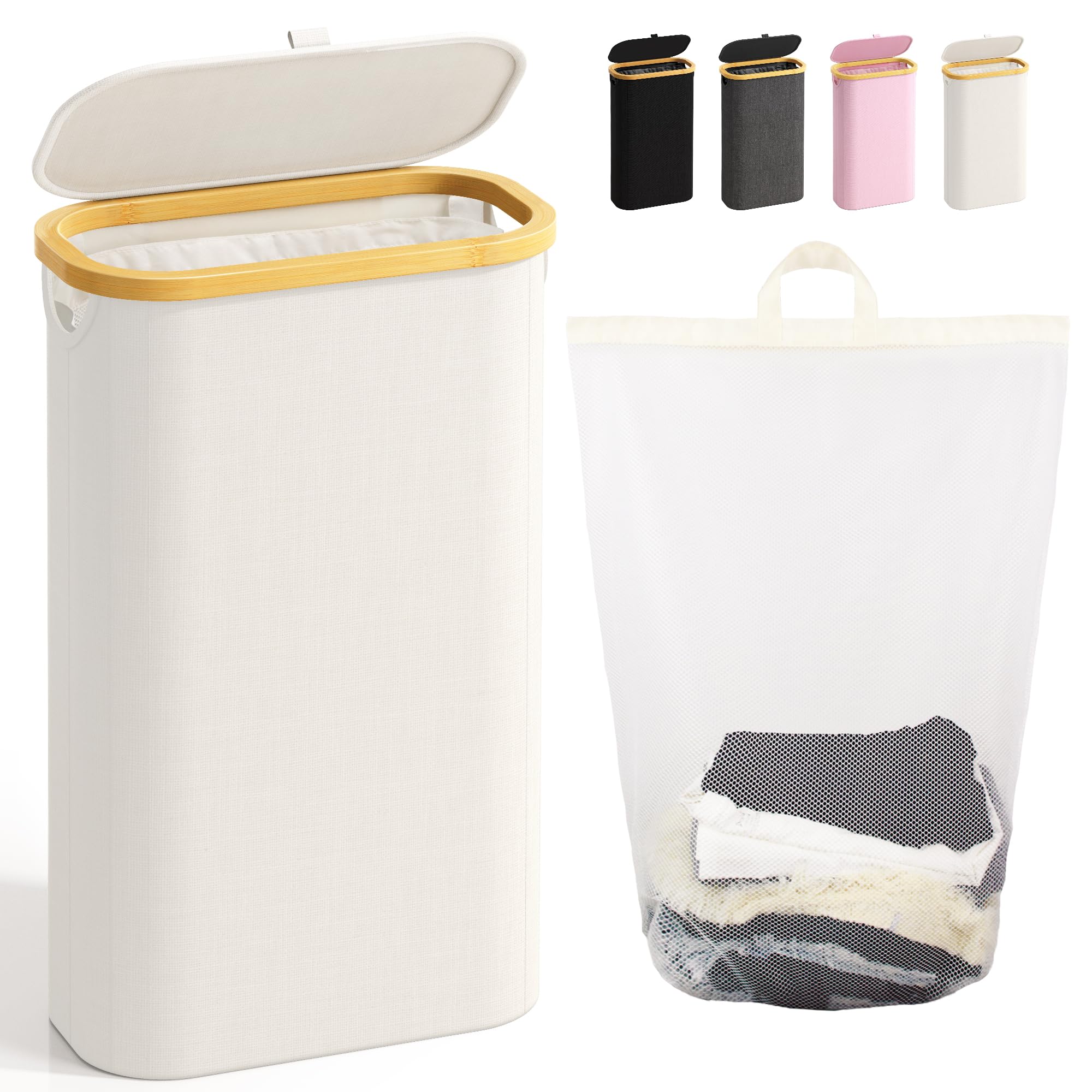 75L Slim Laundry Hamper with Lid, Dirty Clothes Hampers for Laundry, Collapsible Laundry Baskets for Small Spaces, Bedroom, Bathroom, Laundry Room, Beige