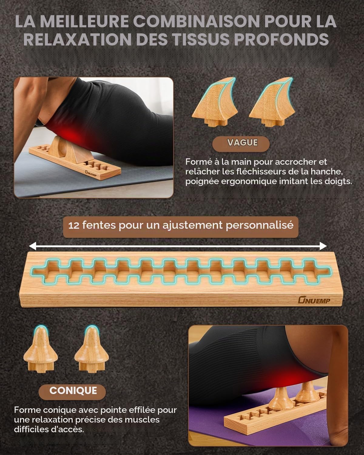 Psoas - Outil de massage en bois - Système de crochet réglable pour la relaxation musculaire, les fléchisseurs de la hanche, le dos, les cuisses, les fesses, l'iliaque, la nuque et les tissus profonds
