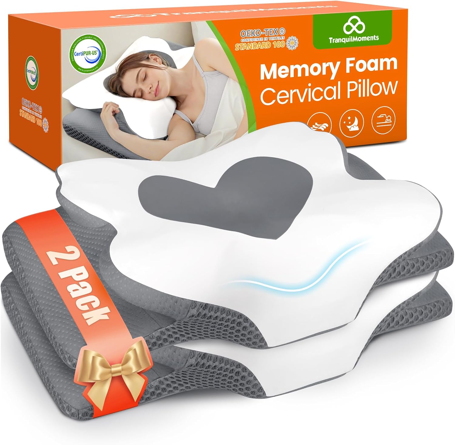 Cervical Neck Pillow for Sleeping, Memory Foam Pillow for Neck Support, Set of 2, Ergonomic Pillow for Pain Relief, Contour Bed Pillow for Side Back Stomach Sleepers, Grey, King Size