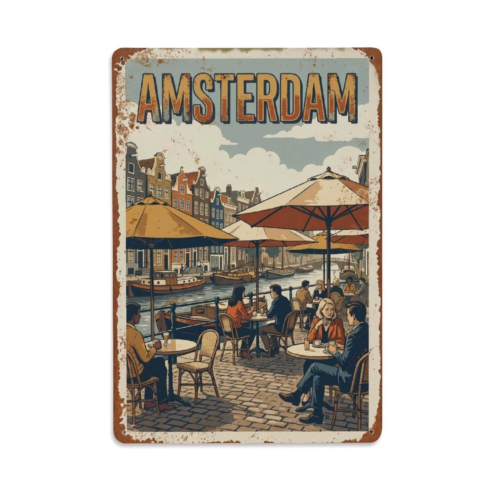 Okngb Style Canal Terrace Urban Amsterdam Retro Tourism Route Dutch Metal Tin Sign Plaque Wall Decor For Cafe, Man Cave, Club Bar, Office, Home Garden Round Metal Poster 8X12inch