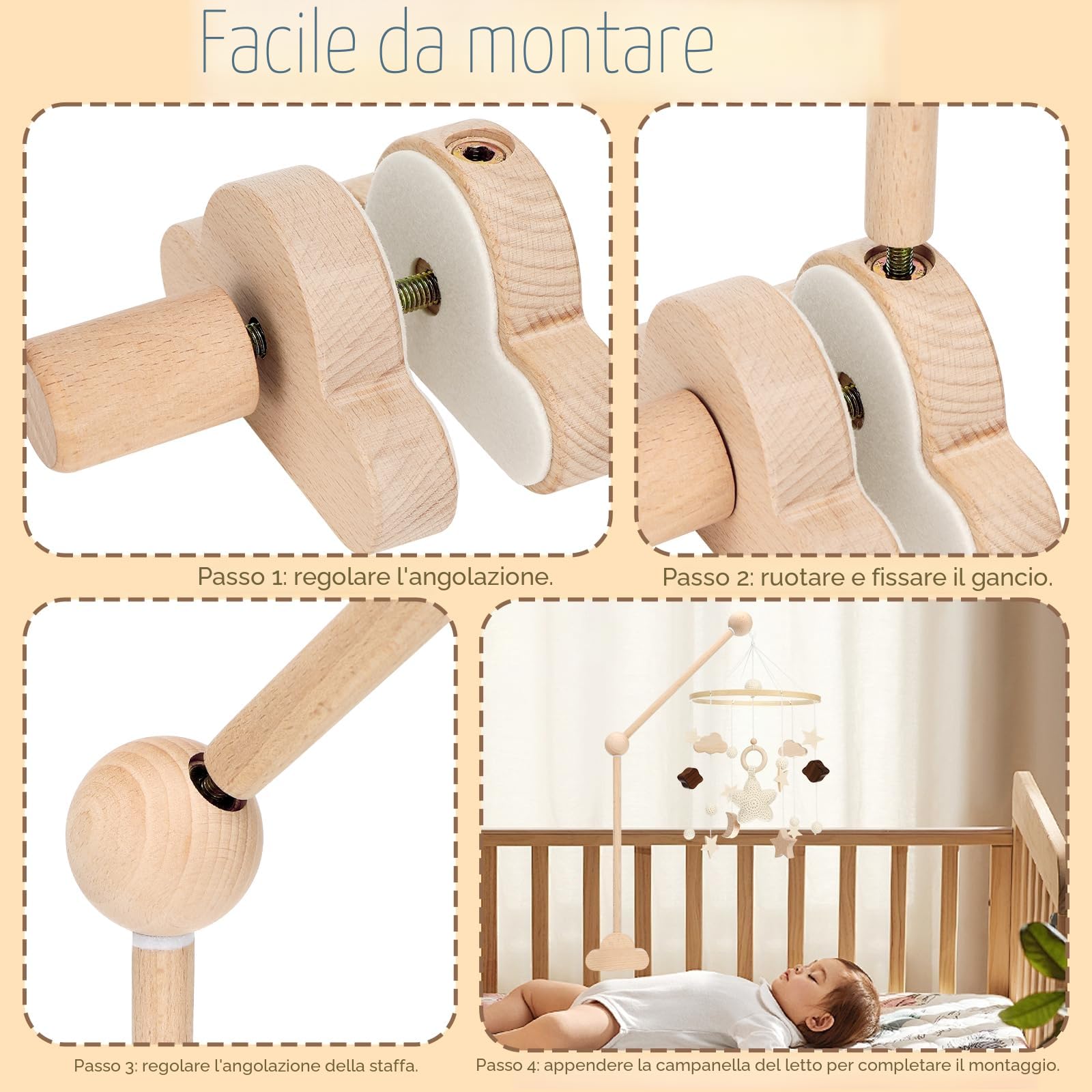 Farerkass Supporto Per Cellulare Per Lettino, Supporto Per Cellulare Nuvole In Legno, Supporto Per Giostrina Regolabile In Altezza In Legno, Gancio Rimovibile, Adatto Per Lettini E Fasciato