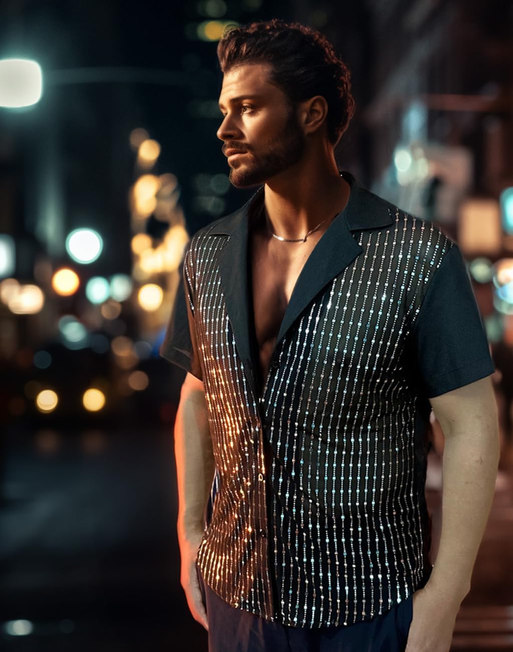 Mens Mesh Sequins See Through 70s Disco Long Sleeve Button Down Shirts - Image 3