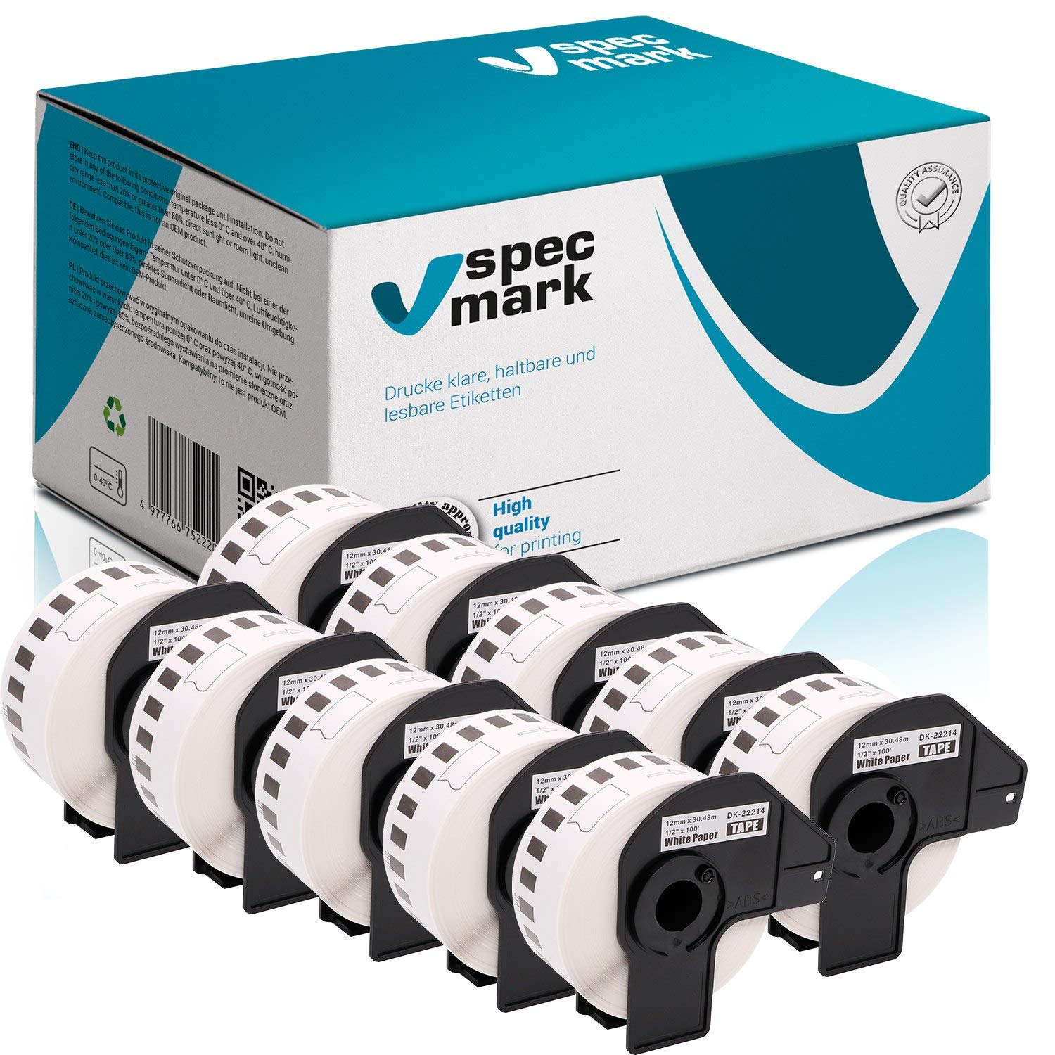specmark 10 rotoli di etichette singole compatibili con Brother DK-22214 12 mm x 30,48 m per tutte le stampanti di etichette QL QL-570 QL-700 QL-800