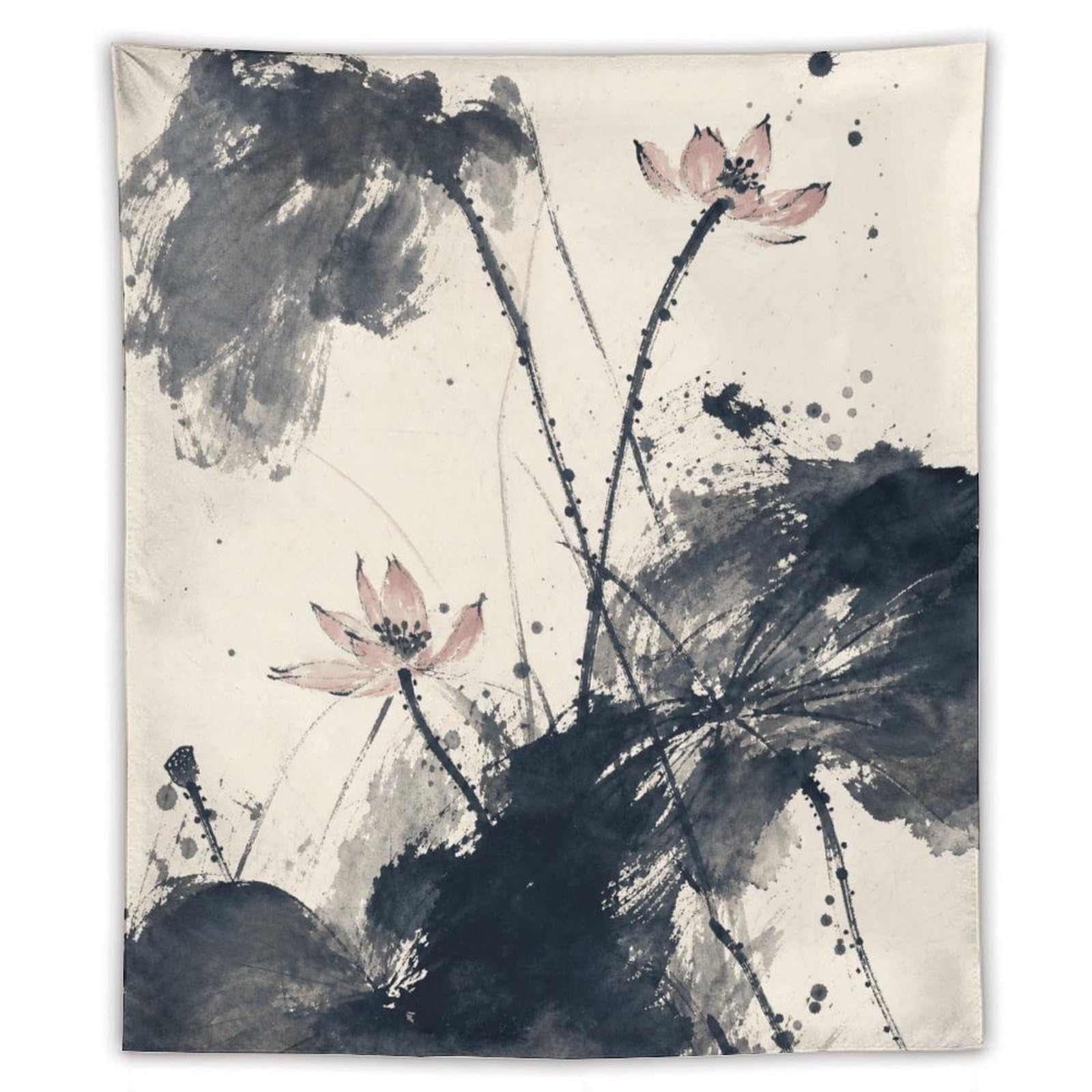 W7C8U2X3 Ink Lotus and Mountains Wall Tapestry, Asian Ink, Asian Brush