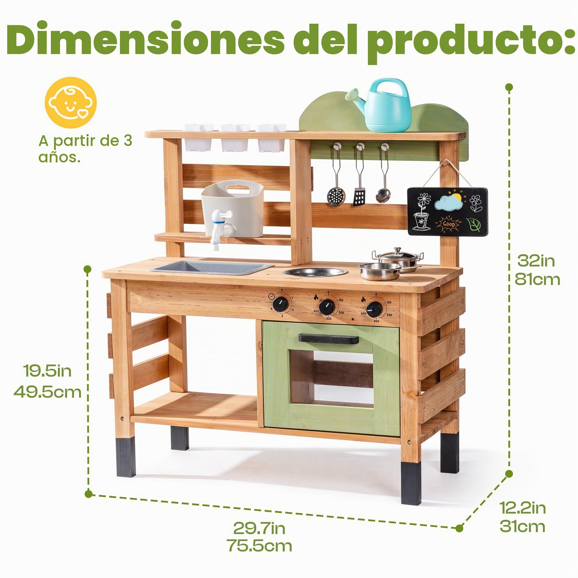 ROBUD Cocina de barro para niños al aire libre, cocina de juguete de madera con grifo auténtico, hervidor de agua, macetero, horno, pizarra, cocina infantil, regalo de madera para niñas y niños a