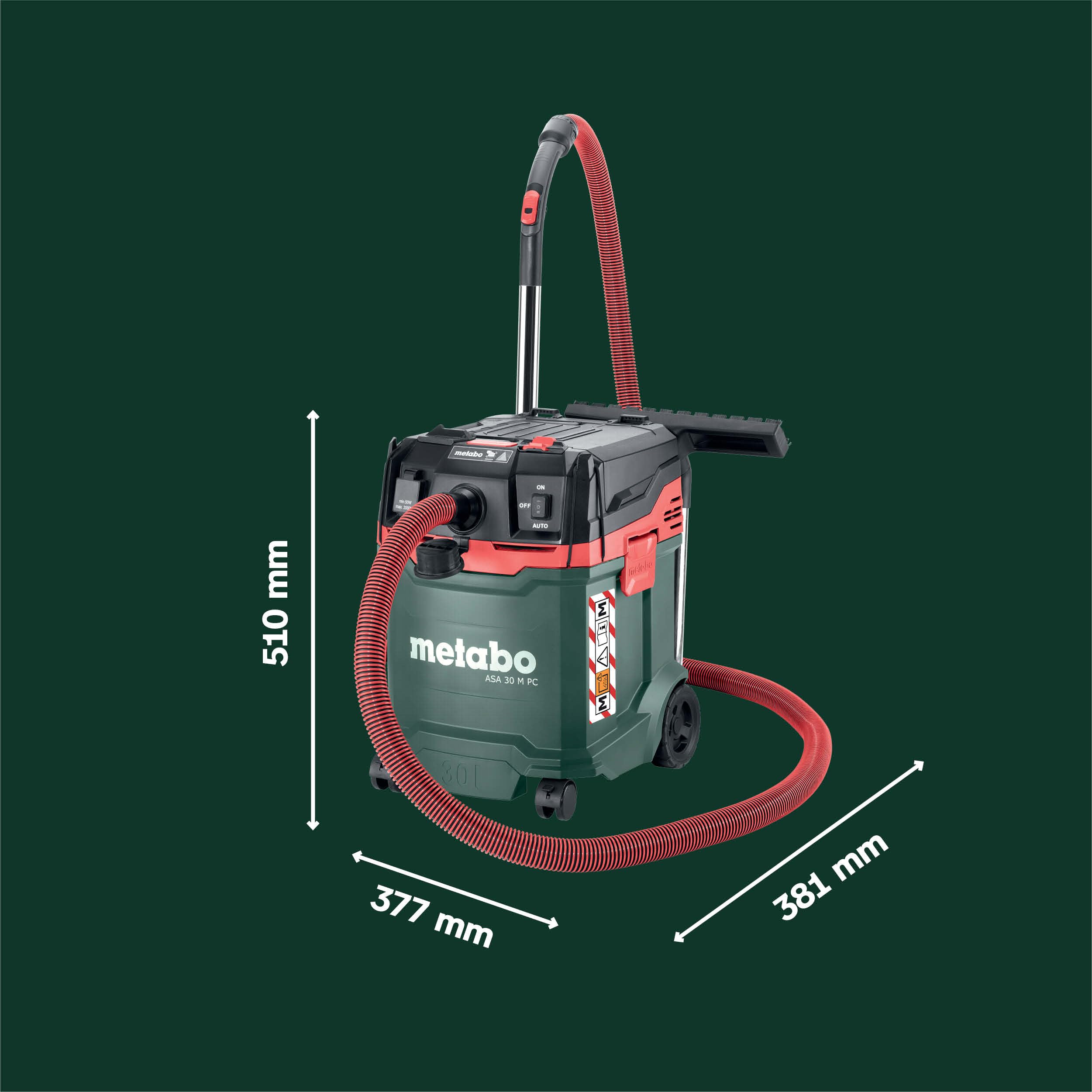 metabo ASA 30 M PC Allessauger, Kompakter Nass- und Trockensauger, 1200 W | Industriesauger Staubklasse M, 8 m Kabel, mit Antistatik-Schlauch, Filterabreinigung und Zubehör-Set, 30 l Behälter