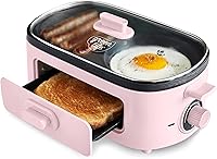 GreenLife 3-in-1 Breakfast Maker Pink: Ceramic Nonstick Dual Griddles for Eggs Bacon Pancakes, 2-Slice Toast Drawer, Timer