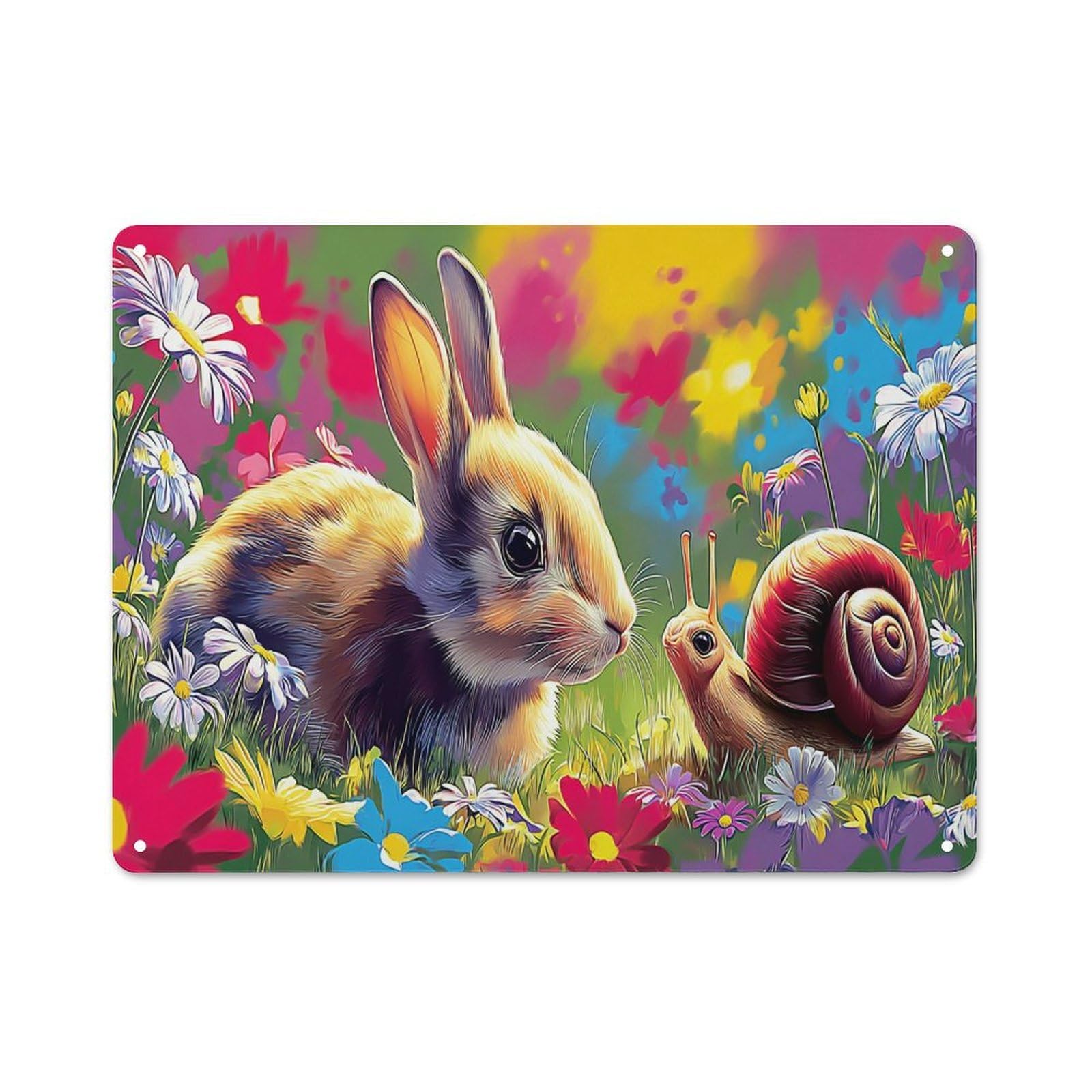 Junmoney Bunny And Snail In A Flower Garden -2 Vintage Metal Wall Decor 30X40cm, Vintage Metal Sign For Hallway, Home Bar, Garage Or Study