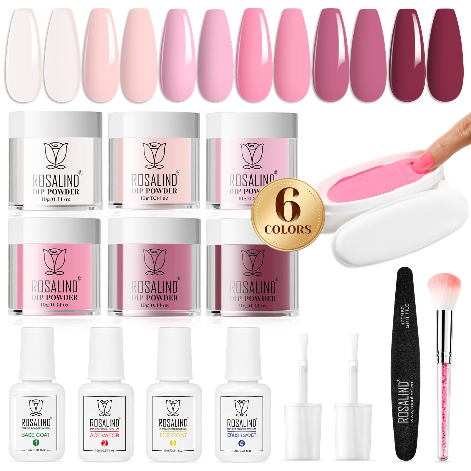 ROSALIND 13PCS Dip Nails Powder Starter Kit,6 Colors Dip Powder Nail Clear Nude Pink Series Dip Powder Colors Set with Base&Top Coat,Brush Restorer and Activator Kit Air Drying Manicure