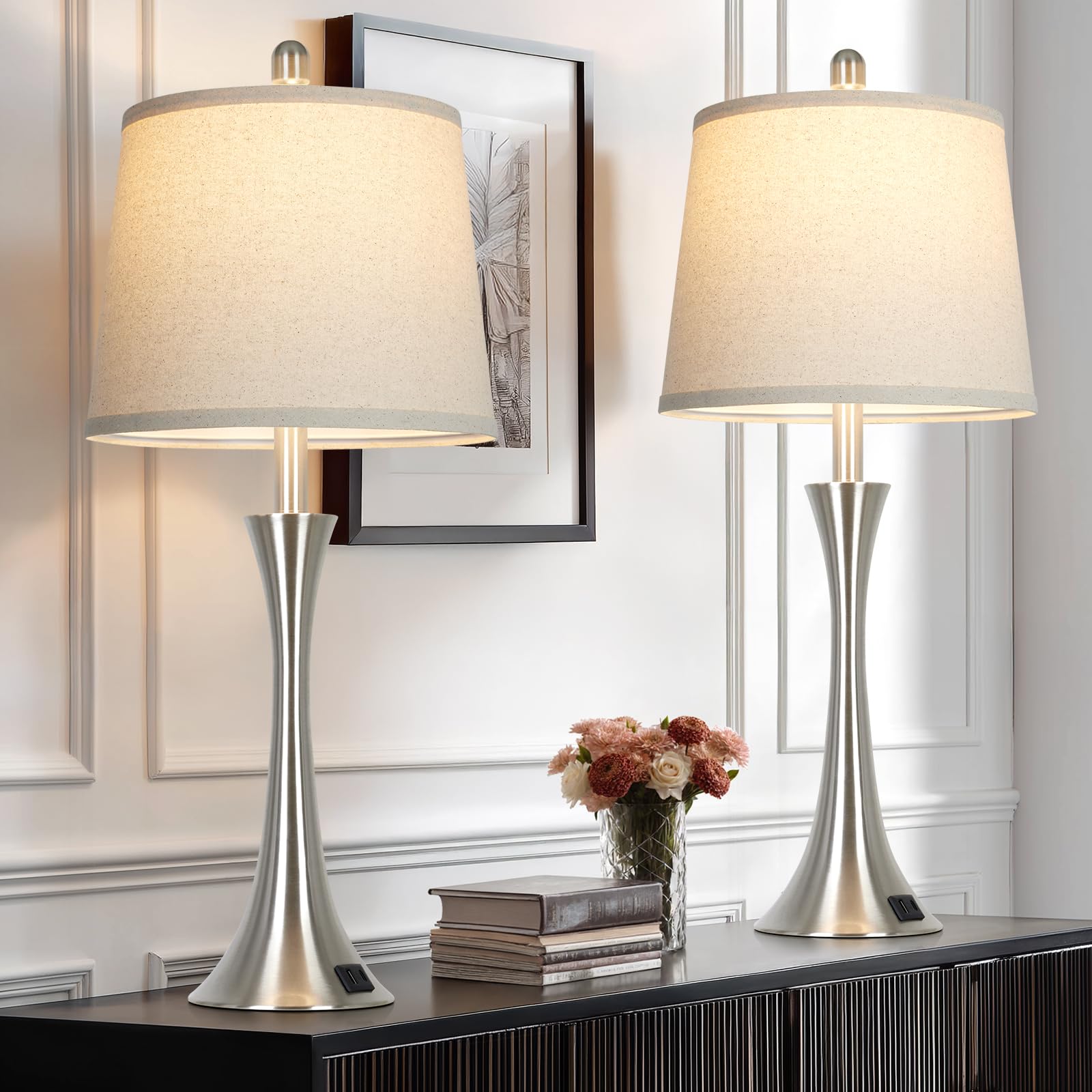 Photo 1 of Rinweey 27.5" Silver Table Lamps Set of 2, Touch Bedside Lamps with USB C+A Ports, 3 Way Dimmable Nightstand Lamps for Bedroom, Living Room, Office, Silver Lamp with Beige Lampshade, Bulbs Included