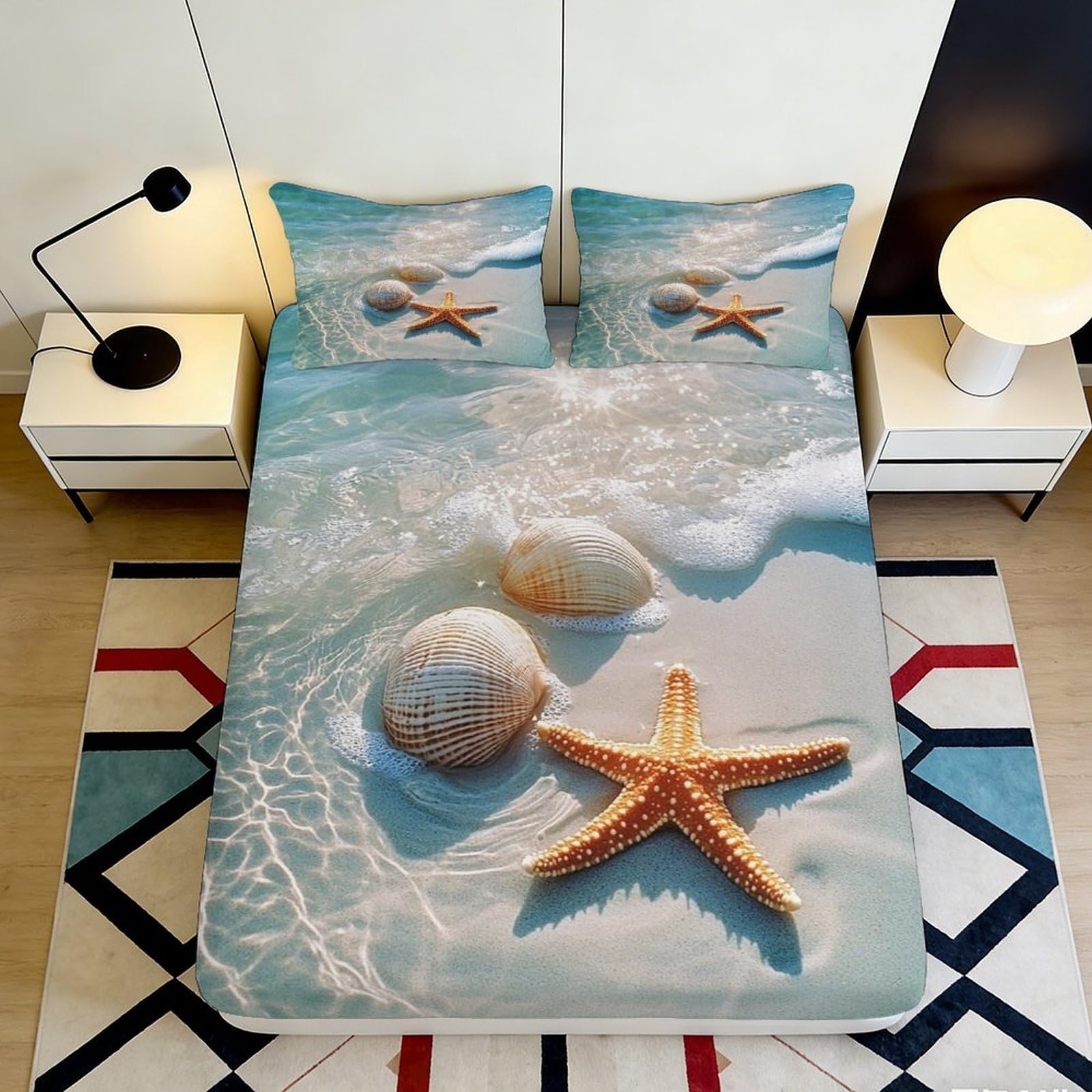 3D Printed Ocean Shells Fitted Sheet Microfiber Deep Pocket Non-Slip Starfish Mattress Fitted Cover Washable for Bedroom 90x200x25cm