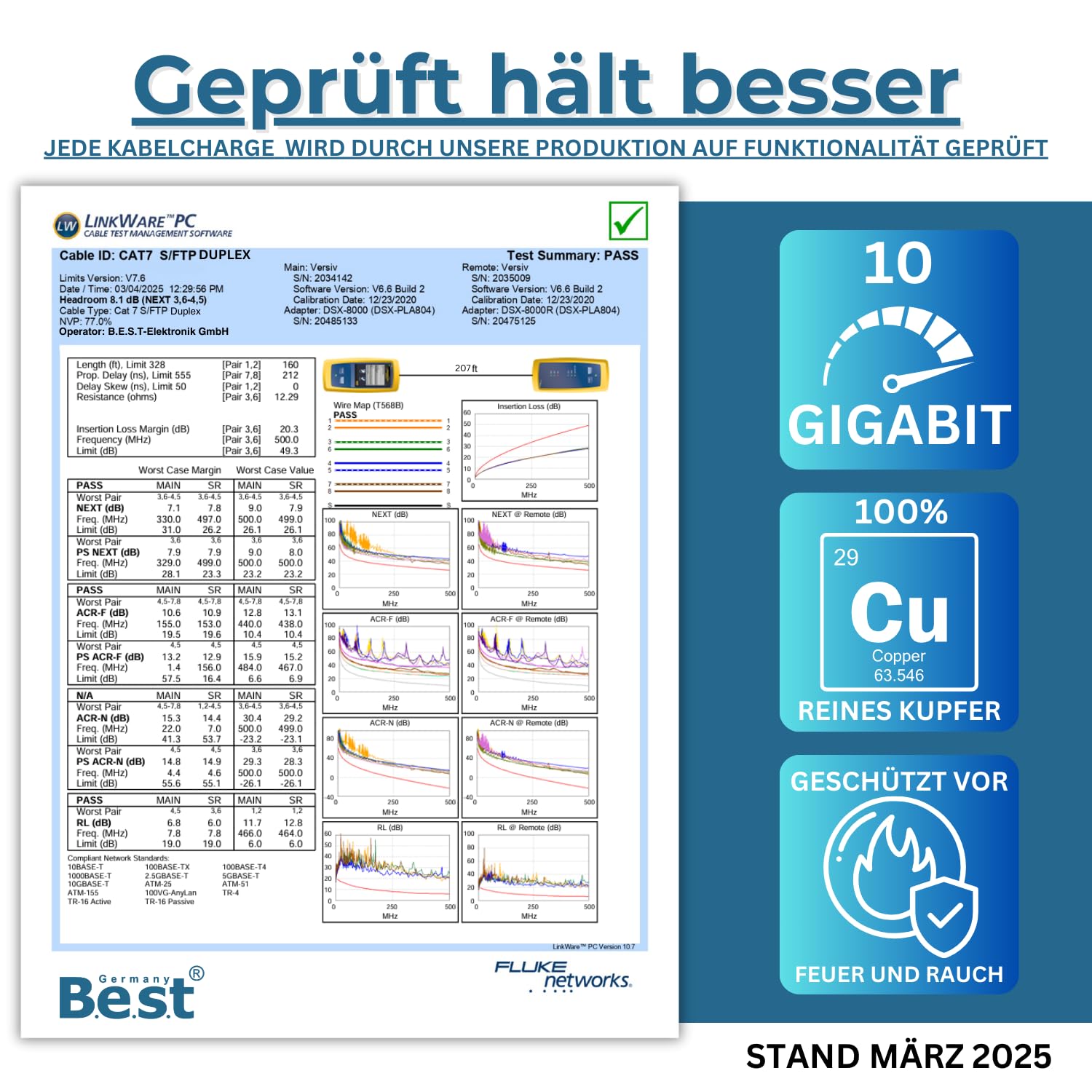 Germany B.e.s.t Cavo di rete duplex CAT 7, 100 m, in rame, LAN, cavo Ethernet, S/FTP, 10 Gbps, catat 7, in puro rame, cavo dati PoE+ LSZH