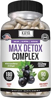 Kaya Naturals MaxDetox Herbal Supplement - Natural Ingredients 1532 mg - Psyllium Powder, Acai Berry Extract, Ginger Root 180 Count