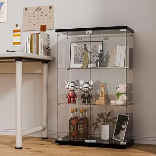 FANYUSHOW Glass Display Cabinet with Double Door and Lock, 3-Shelf Curio Cabinet 5mm Tempered Glass Floor Standing Bookshelf for Living Room, Bedroom, 49" H x 32'' L x 14'' W(Black)