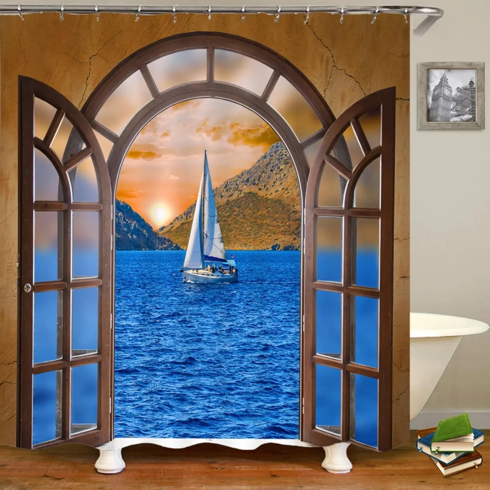 Rideau de douche polyester paysage de plage déco salle de bain avec crochets
