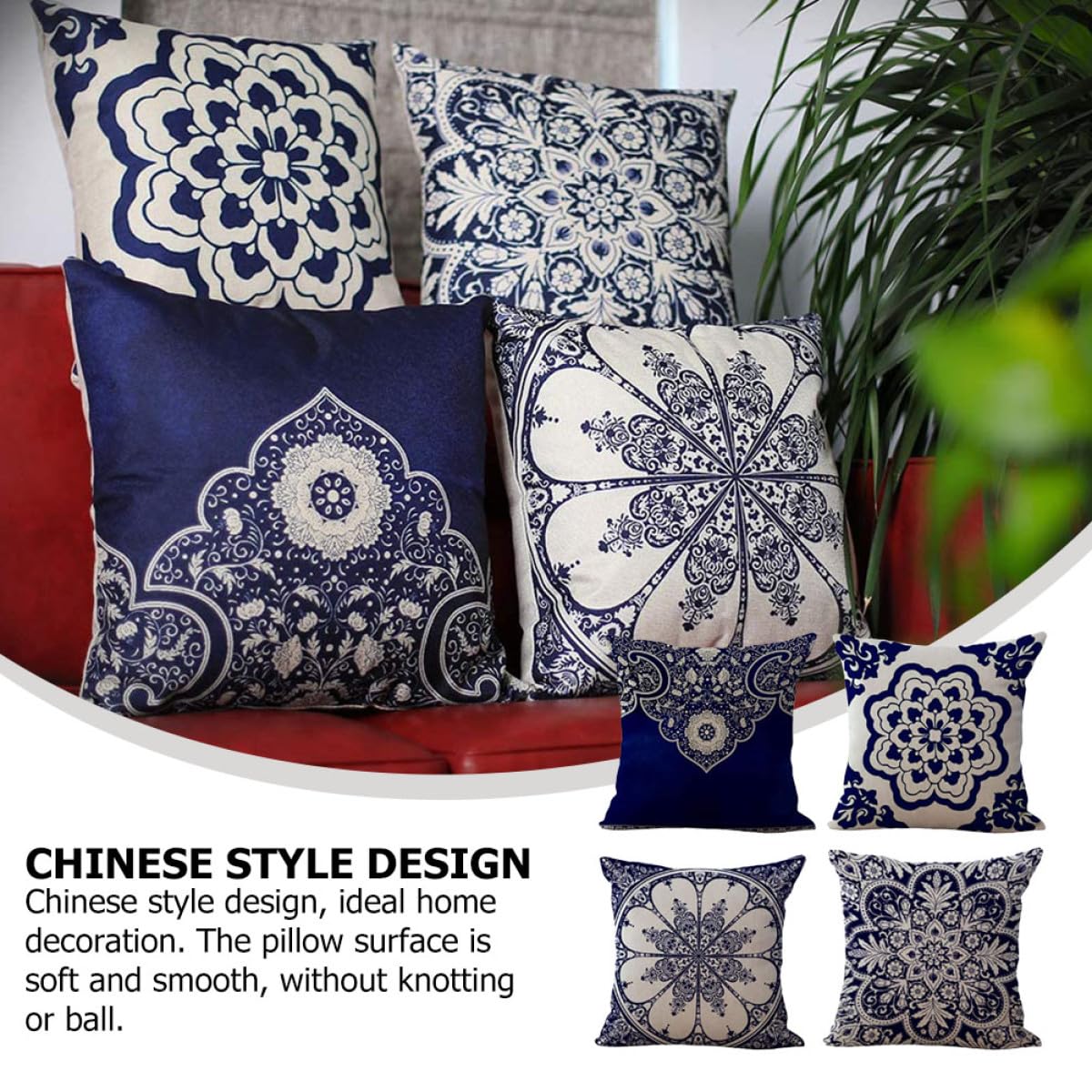 Set 4 Copricuscini in Lino Quadrati 45x45 Cm Motivo Floreale Stile Cinese, Federe per Cuscino Cerniera per Divano, Letto e Poltrona, Decorazione Casa e Ufficio