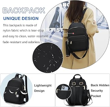 Mini Backpack Rucksack for Women, Lightweight Small Backpacks Waterproof Little Casual Travel Daily Daypack for Girls Womens (Black)