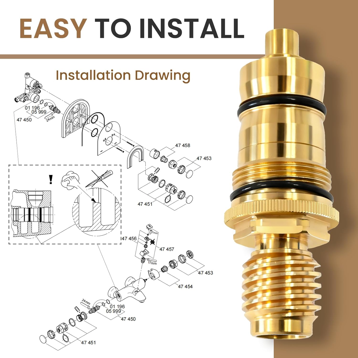 GR-47450000 Thermostatic Cartridge, 1/2" Brass Replacement – Compatible with Grohe 47450, Grohtherm 1000/3000, and Automatic 2000 Shower Faucets