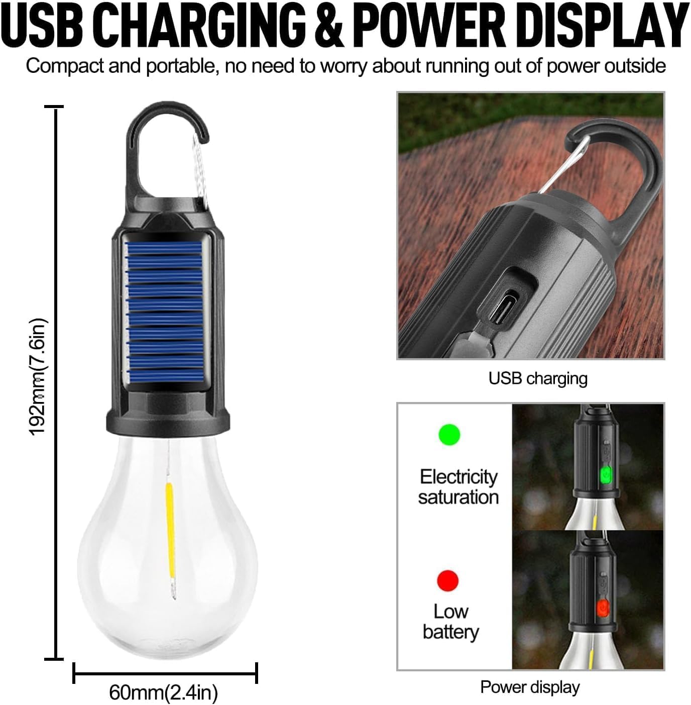 4 Lanterne LED Da Campeggio Ricaricabili USB - Impermeabili, Portatili, 4 Modalità Luce, Con Gancio