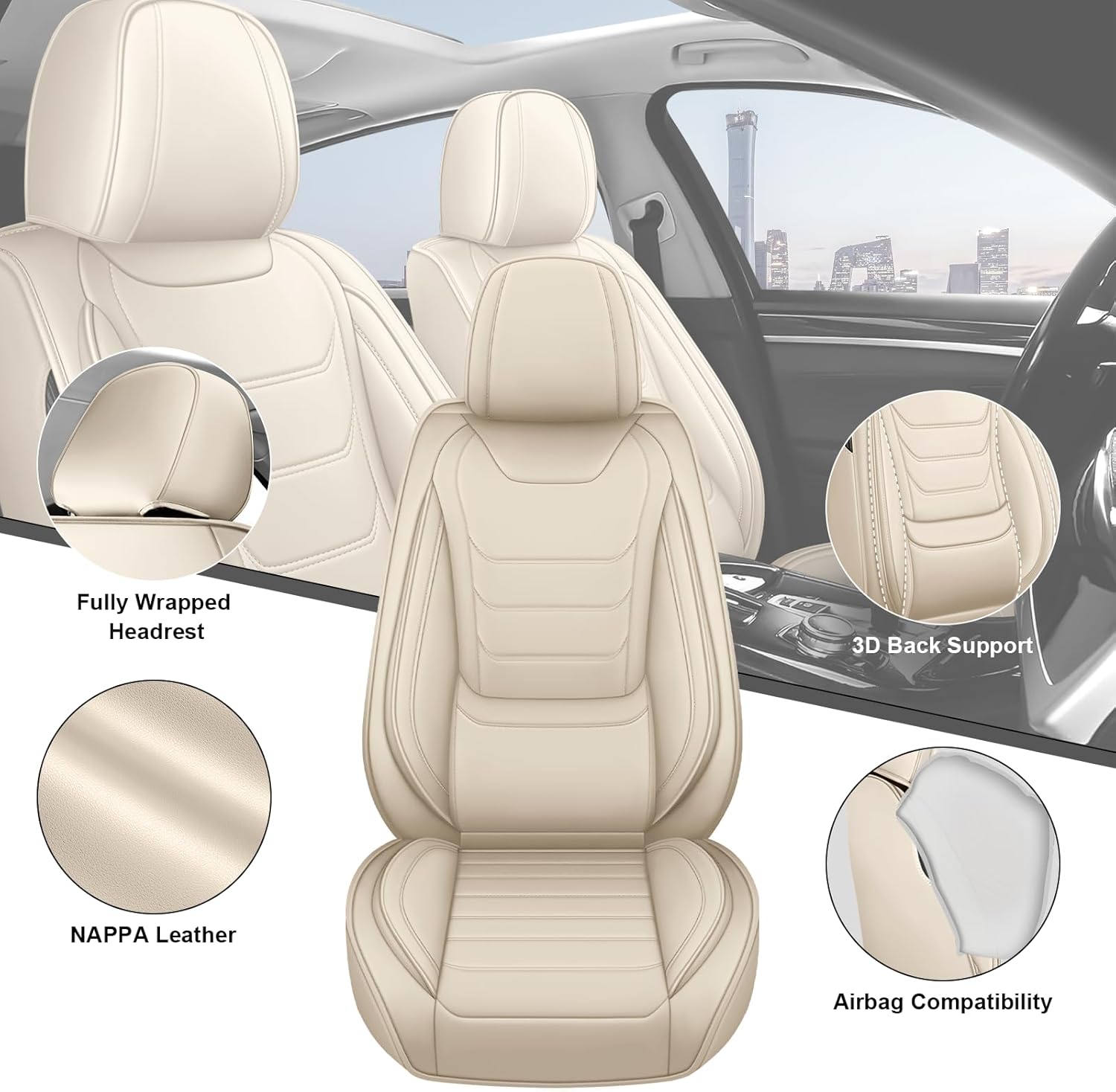 DHAEY Car Seat Covers for Lincoln Nautilus 2019-2025, Luxury Breathable Seat Cover, Nappa Leather, Wear-Resistant, Anti-Slip, Quick Installation, 2PCS Front, Beige