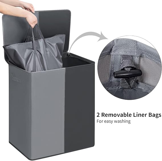 WOWLIVE 154L Double Laundry Basket with lid large washing basket and Removable Laundry Bags Large Collapsible 2 Dividers washing basket with Handles for Bedroom Laundry Room Closet (Grey+Black)