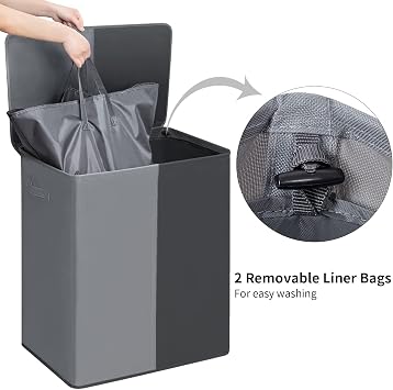 WOWLIVE 154L Double Laundry Basket with lid large washing basket and Removable Laundry Bags Large Collapsible 2 Dividers washing basket with Handles for Bedroom Laundry Room Closet (Grey+Black)