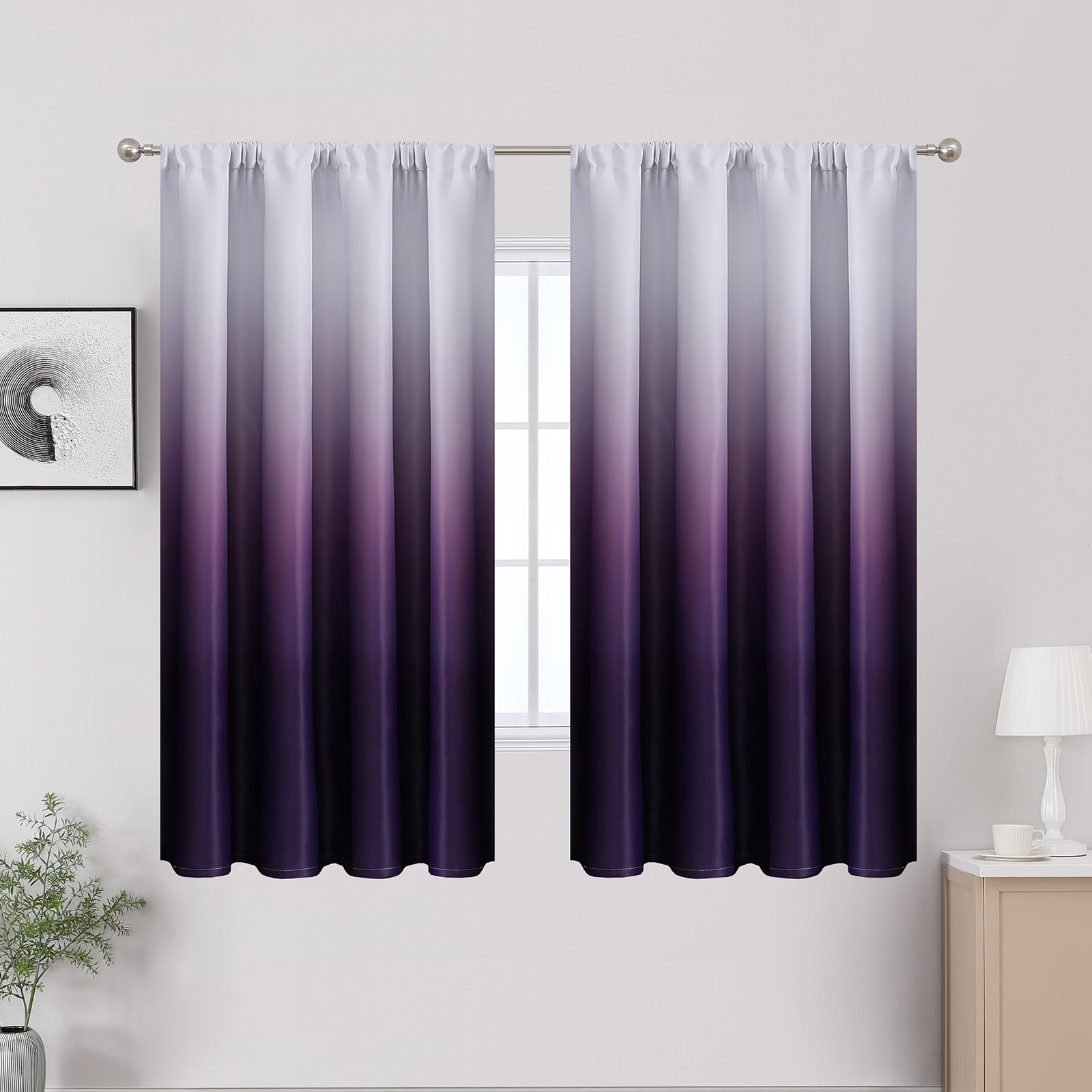 VEHEDE Thermal Insulated Ombre Curtains for Bedroom Noise Reduction Gradient Purple and White Drapes with Pencil Pleat Blackout Room Darkening Curtain - Image 3