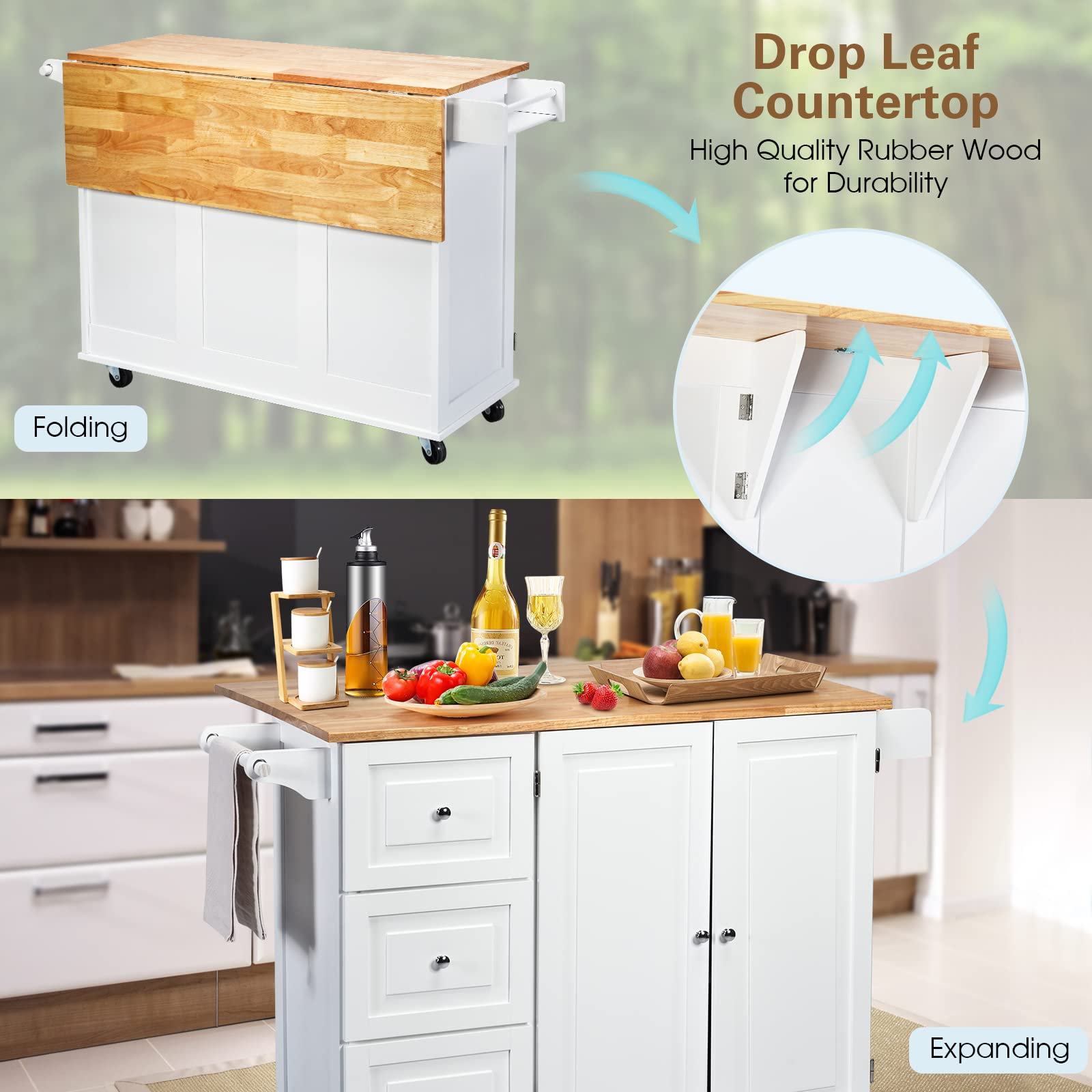 GIANTEX Carro de Cocina Plegable, Carro de Servicio, Aparador de Cocina, Mueble de Cocina de Madera, Ruedas con 2 Frenos, Tablero Plegable y 2 Estantes Ajustables, 136 x 76 x 91 cm (Blanco)