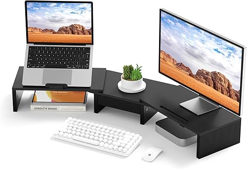 Miniatura 13 de Soporte elevador LED de doble monitor para 2 monitores, soporte de madera de escritorio de oficina, longitud y ángulo ajustables, 3 estantes,