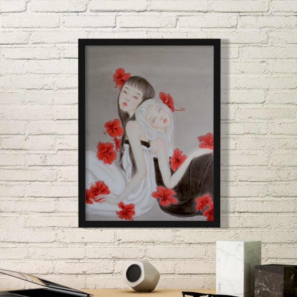 Art mural fleur rouge aquarelle chinoise cadre photo noir moyen