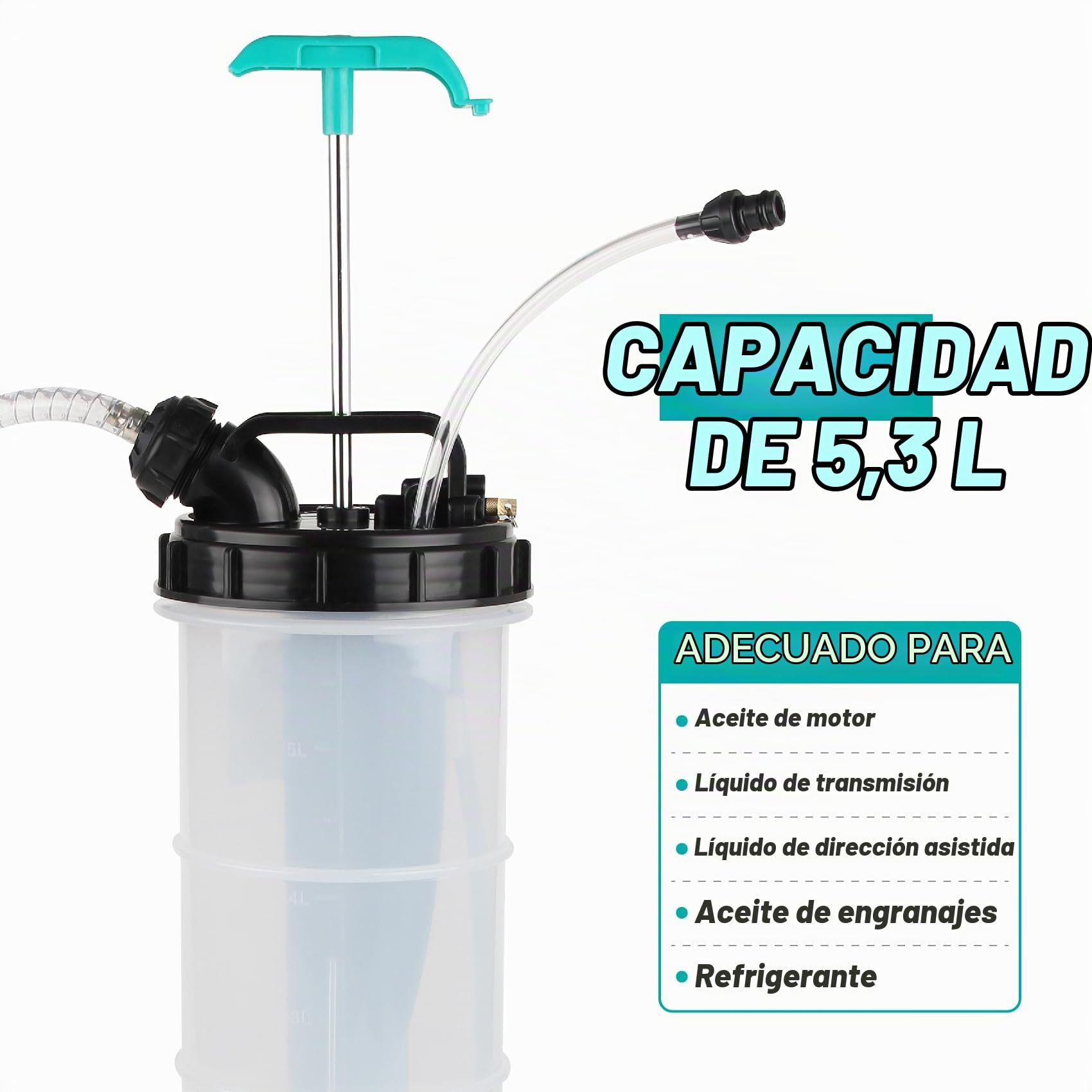 Bomba autoaspiración/Manual extracción Aceite Coche 5,3 litros, Incluyendo 4 mangueras, Regla de Aceite y mangueras de ventilación, Cambio de Aceite al vacío, Vaciado de Aceite del automóvil
