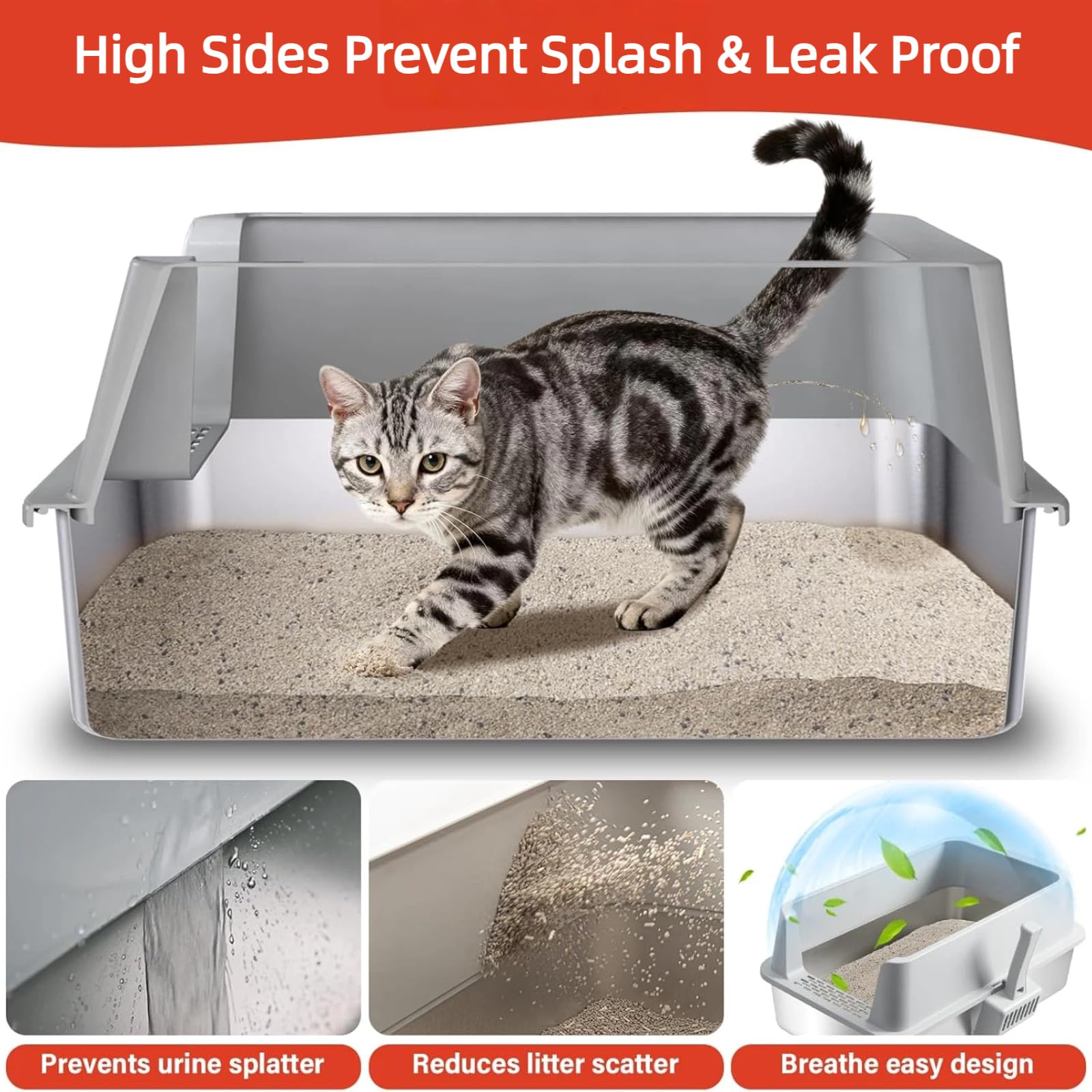 2PACK Stainless Steel Litter Box, Metal Litter Box with High Sides Lid, XL Large Cat Litter Boxes for Big Cats, Never Absorbs Odors, Anti-Urine Leakage, Easy Cleaning, Non-Stick, Include Scoop and Mat - image 6