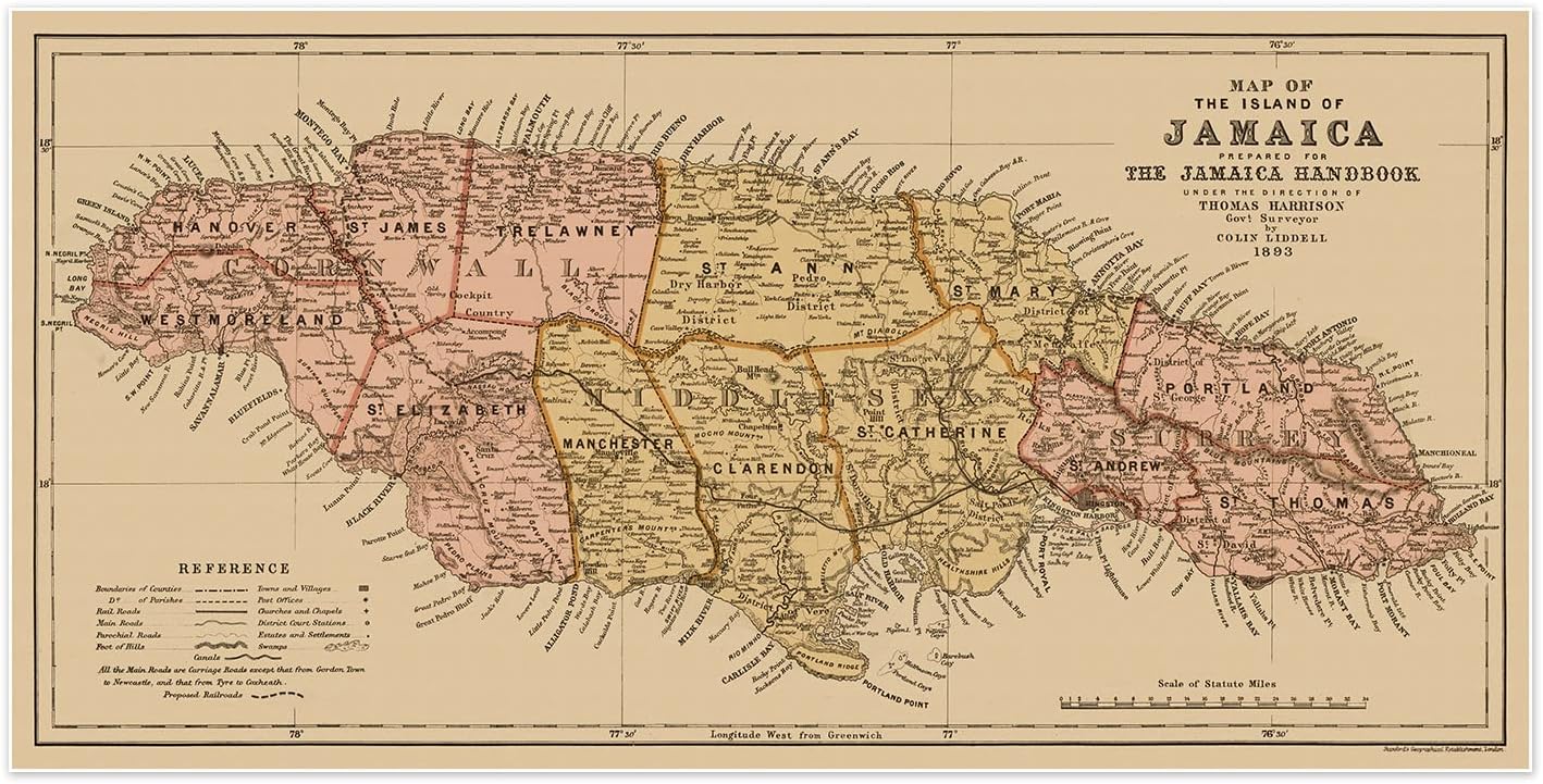 Mapa de la Isla de Jamaica "Map of Jamaica" circa 1893 | Art Print Poster Vintage Wall Decor | 24 x 48 inches (610 x 1219 mm)