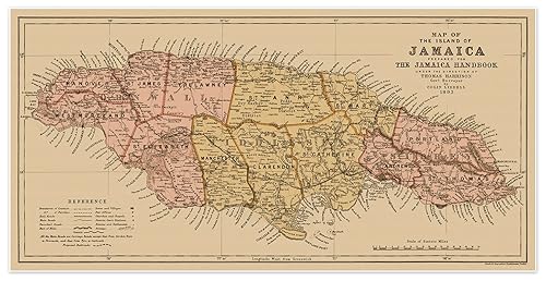 Mapa de la Isla de Jamaica "Map of Jamaica" circa 1893  Póster decorativo vintage para pared, 24 x 48 pulgadas (24.016 x 47.992 in)