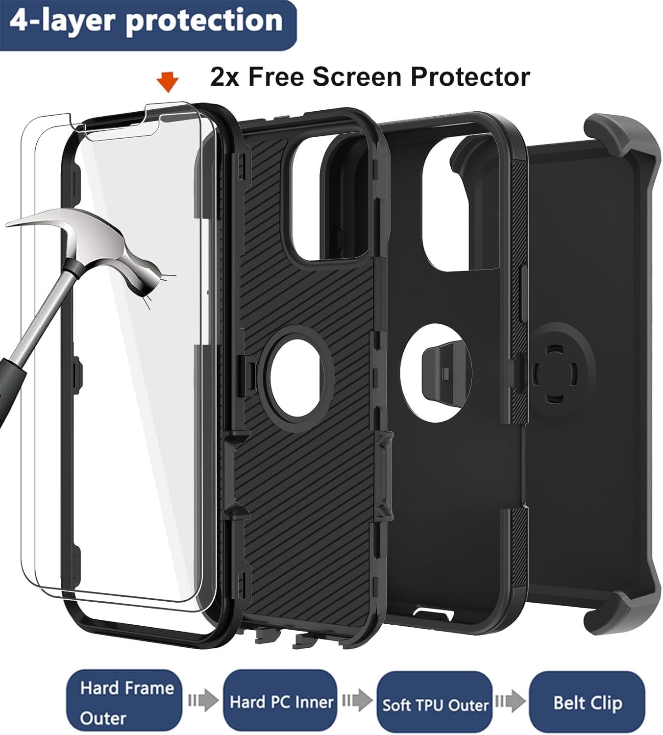 RubCase for iPhone 16 Pro Max Phone Case,Military Grade Drop Protection Cell Phone Cover with Belt Clip Holster Stand,Screen Protector x2 Rugged Kickstand for iPhone 16 Pro Max Case 6.9” (Black) - Image 3