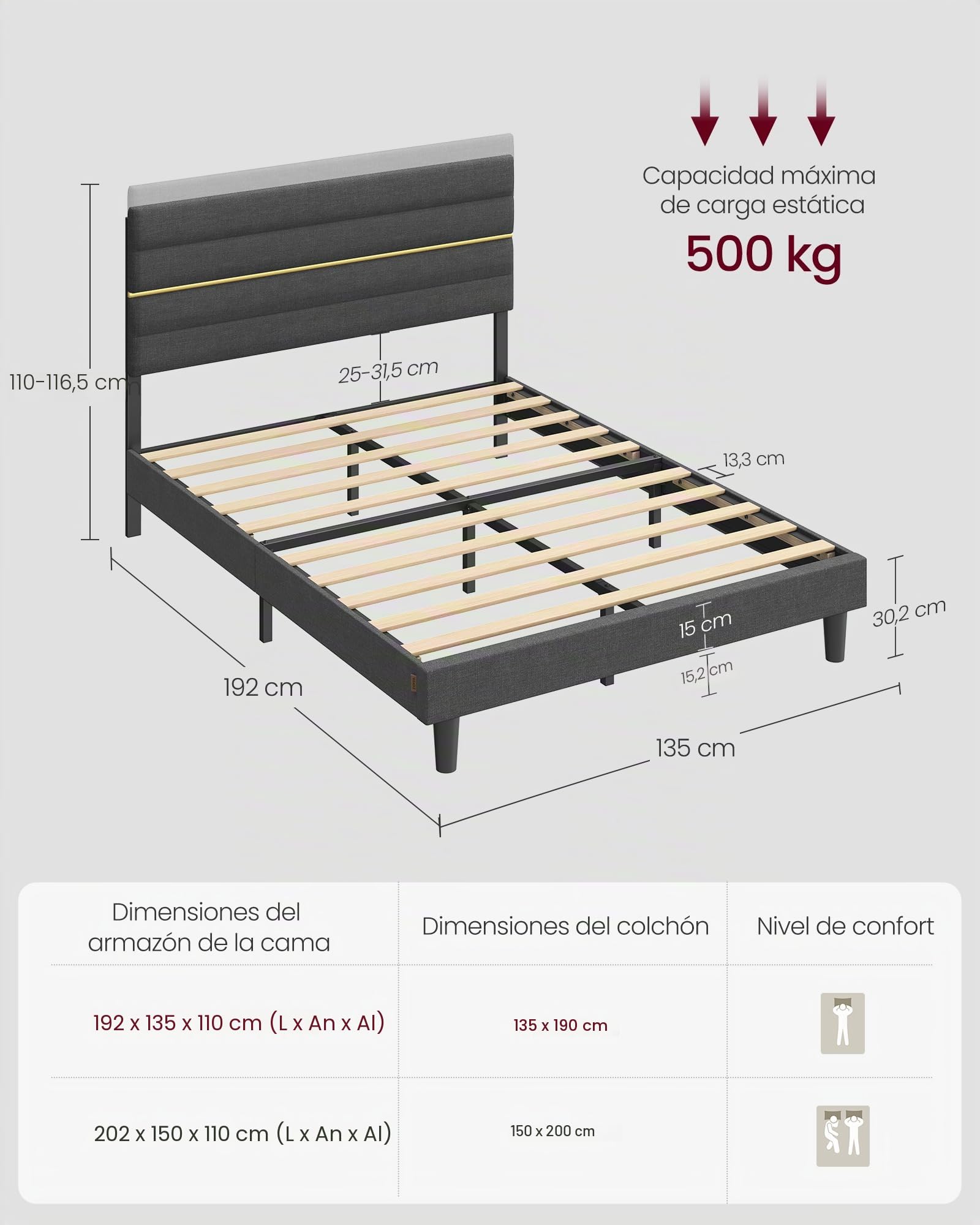 VASAGLE Marco de Cama Matrimonial, Marco para Colchón de 135 x 190 cm, Cabecero Acolchado Ajustable, Metal y Madera, Estilo Moderno, Gris Pizarra RMB506GN01