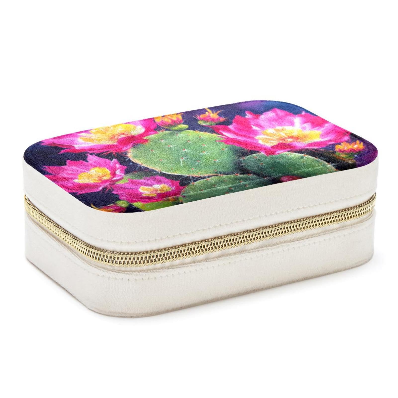 Boîte à bijoux double couche motif cactus rose pour l'organisation de voyage