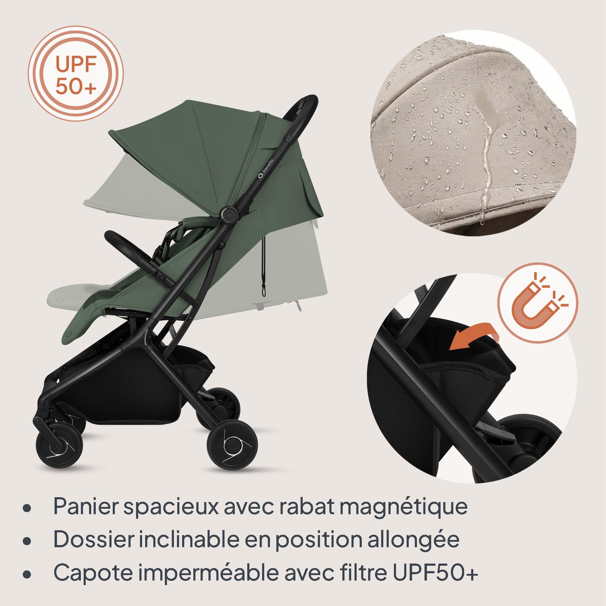Lionelo Sia Poussette Compacte jusqu’à 22 kg Se Plie et Tient Debout, Léger 5,9 kg, Position Allongée Capote XXL UPF50+ Imperméable, Boucle Magnétique Grand Panier 3 kg (VERT ÉMERAUDE)
