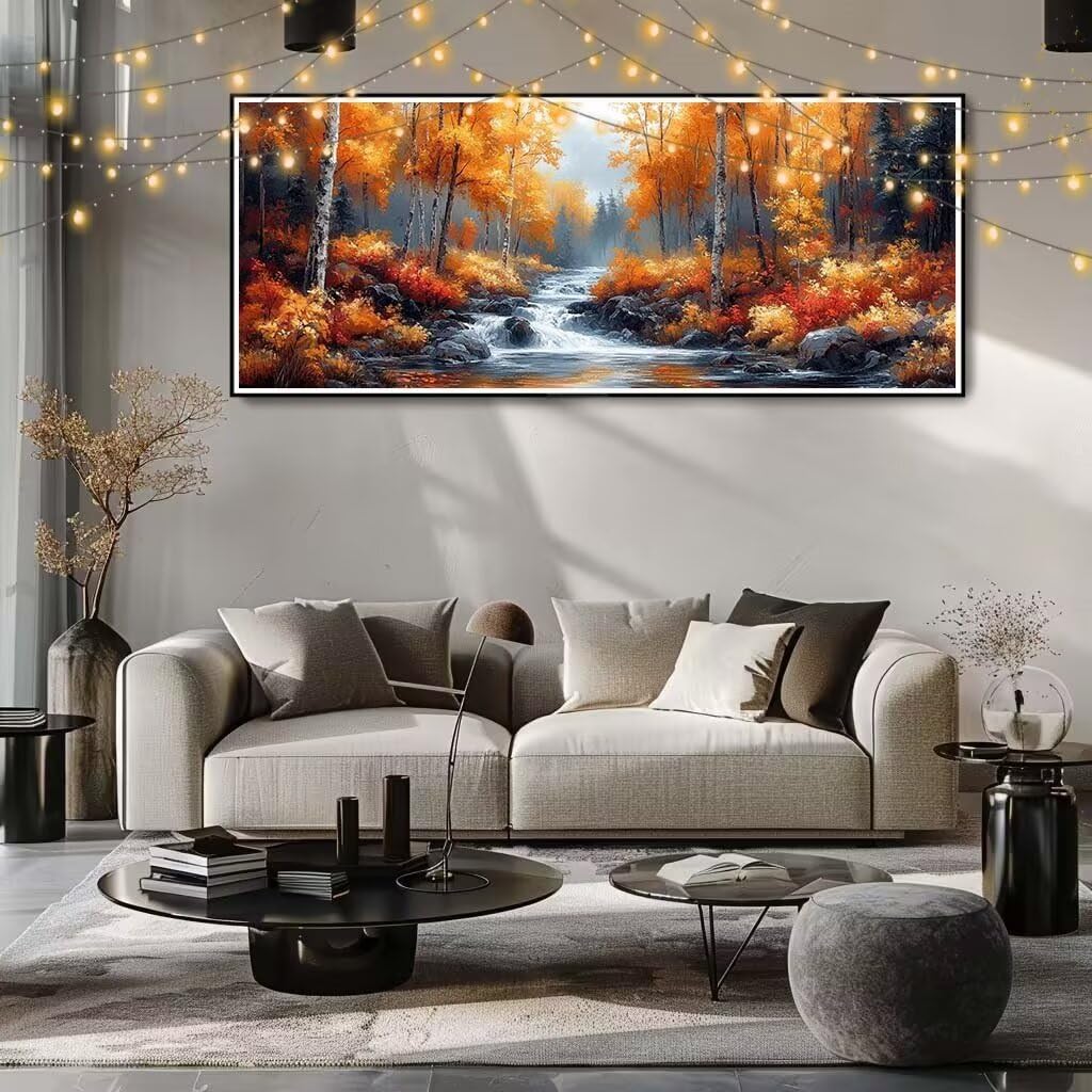 Obraz diamentowy 5D dla dzieci, mały las brzozowy, strumień, obraz diamentowy (80 x 200 cm), tworzenie mozaiki według liczb, zestaw do malowania krzyżykowego, obraz dla dorosłych, do dekoracji domu 8E