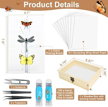 Insect Specimen Making Tool Kit (Pins, Shadow Box, Notice Board, Wing Press Paper, Tweezers, Scissors) - Project Collection Display